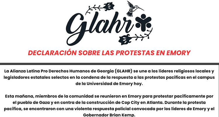 La organización GLAHR condena las acciones tomadas en contra de la protesta pacífica en Emory